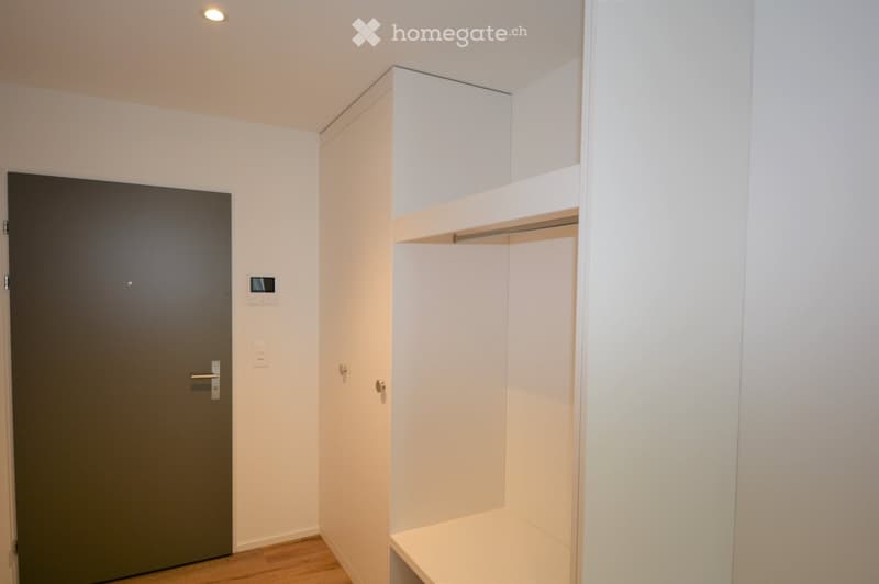 Empty room with white walls, wooden floor, built-in closet with shelves, and a closed door.