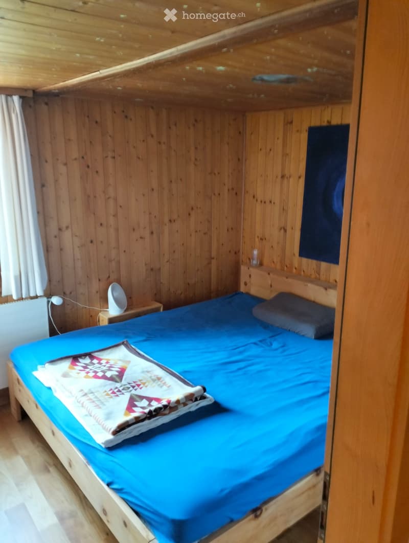 Cozy wooden bedroom with a single bed, blue bedding, a patterned blanket, a nightstand with a lamp, and wooden walls.