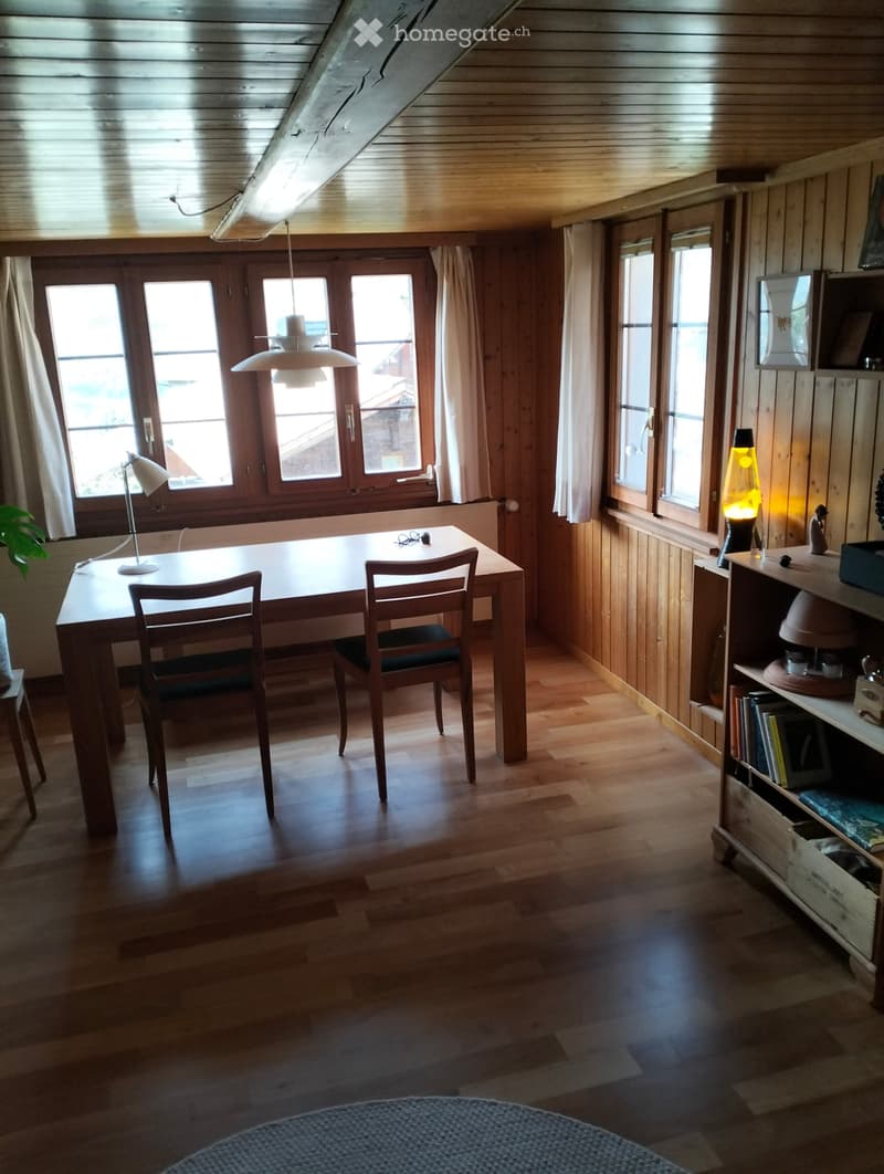Bright room with wooden walls and floors, large windows, a round table with two chairs, a floor lamp, a shelf with books and decorative items, and a small plant near the window.