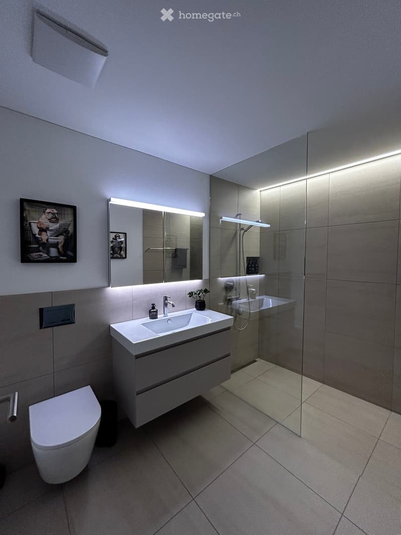 Modern bathroom with a white sink, mirror with LED lighting, toilet, and a glass-enclosed shower area.
