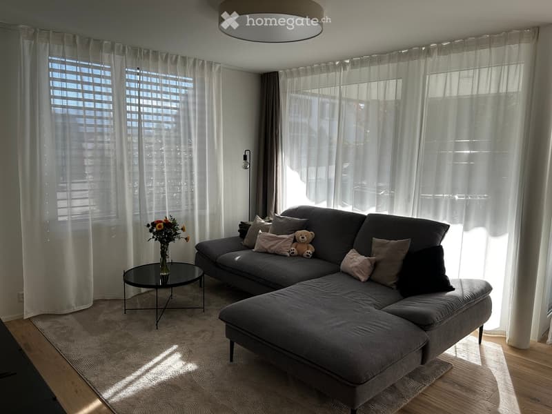 Modern living room with large windows, grey sectional sofa, coffee table, vase with flowers, and a teddy bear on the sofa.