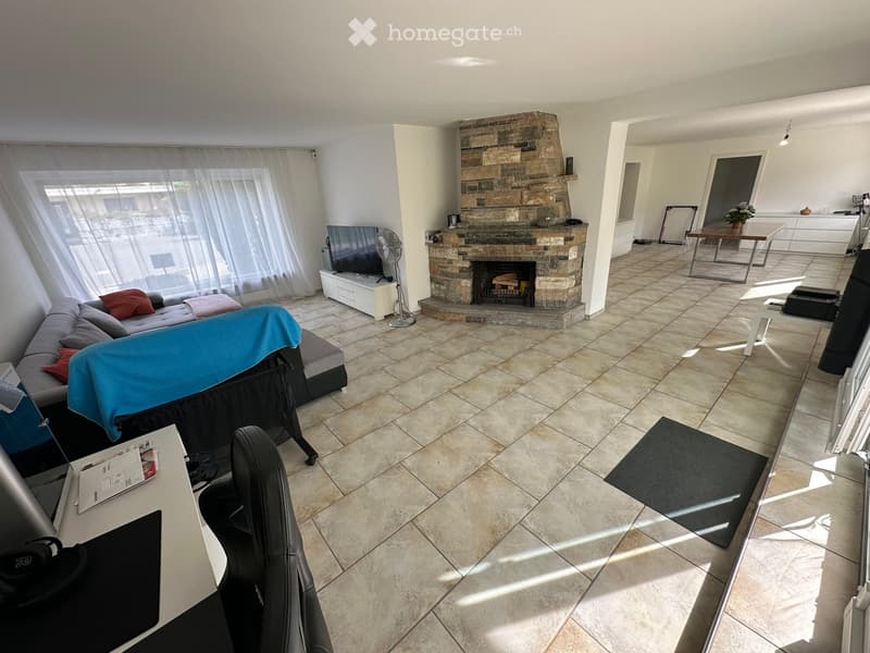Living room with a stone fireplace, sofa, TV, fan, and a small table with a plant.