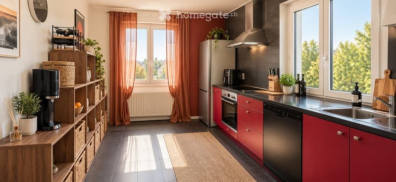 Modern kitchen with red cabinets, stainless steel appliances, and a wooden shelf with coffee maker and plants. Large windows with orange curtains provide natural light.
