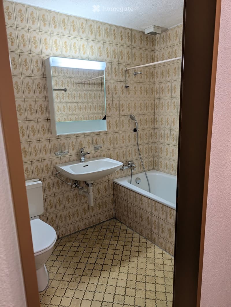 Bathroom with beige patterned tiles, a white toilet, a sink with a mirror, and a bathtub with a handheld showerhead.