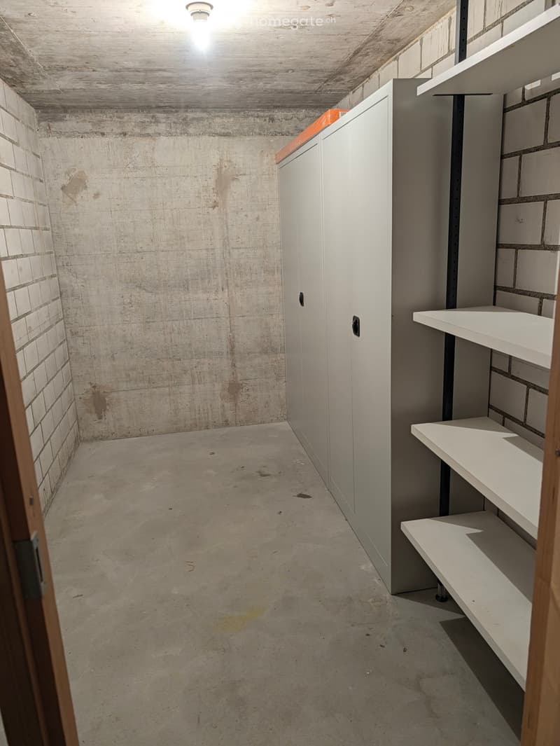 Empty room with concrete floor and walls, featuring a white cabinet and white shelves on the right side.