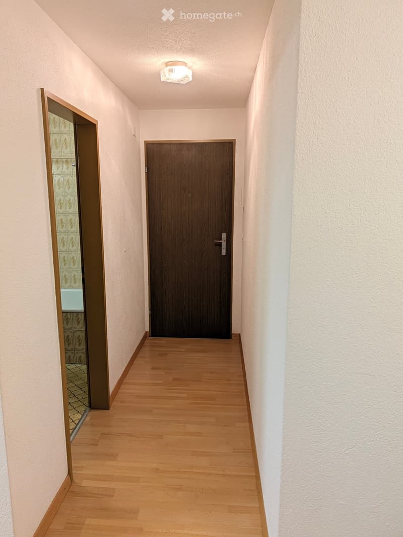 A narrow hallway with wooden flooring, white walls, and a ceiling light fixture. Features a closed wooden door and an open door revealing a tiled bathroom with floral tiles.