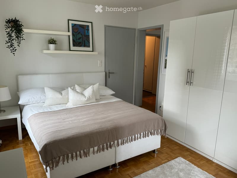 Modern bedroom with a white upholstered bed, nightstand with lamp, large wardrobe, and decorative shelf with plants and artwork.