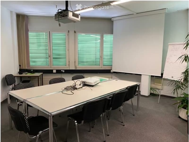 Meeting room with a long rectangular table, several chairs, a projector, a large screen, and a potted plant near the window.