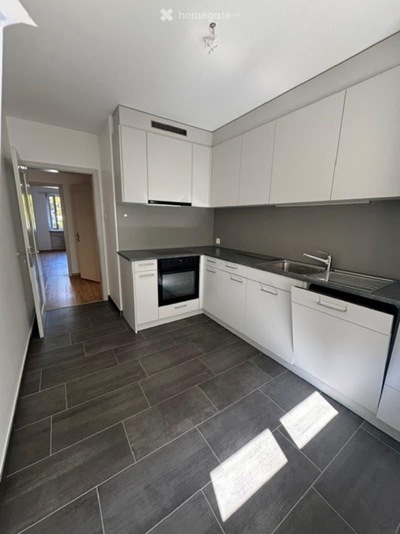 Modern kitchen with white cabinets, dark grey countertops, and dark grey tiled flooring. Features include a sink, faucet, oven, and dishwasher.