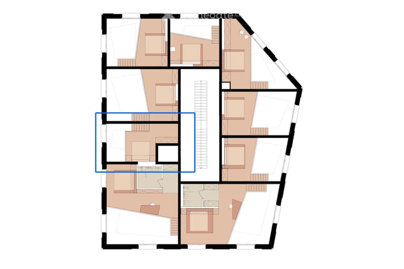 Floor plan of a multi-level house with living room, dining room, kitchen, bedrooms, bathrooms, and staircase.
