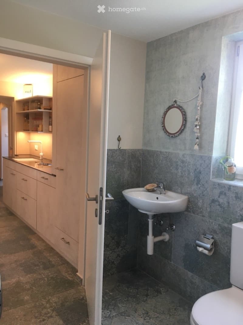 Modern bathroom with a white sink, toilet, and a decorative mirror. The walls are tiled in grey, and there is a small window with a plant on the sill. A cabinet with drawers is visible in the adjacent room.