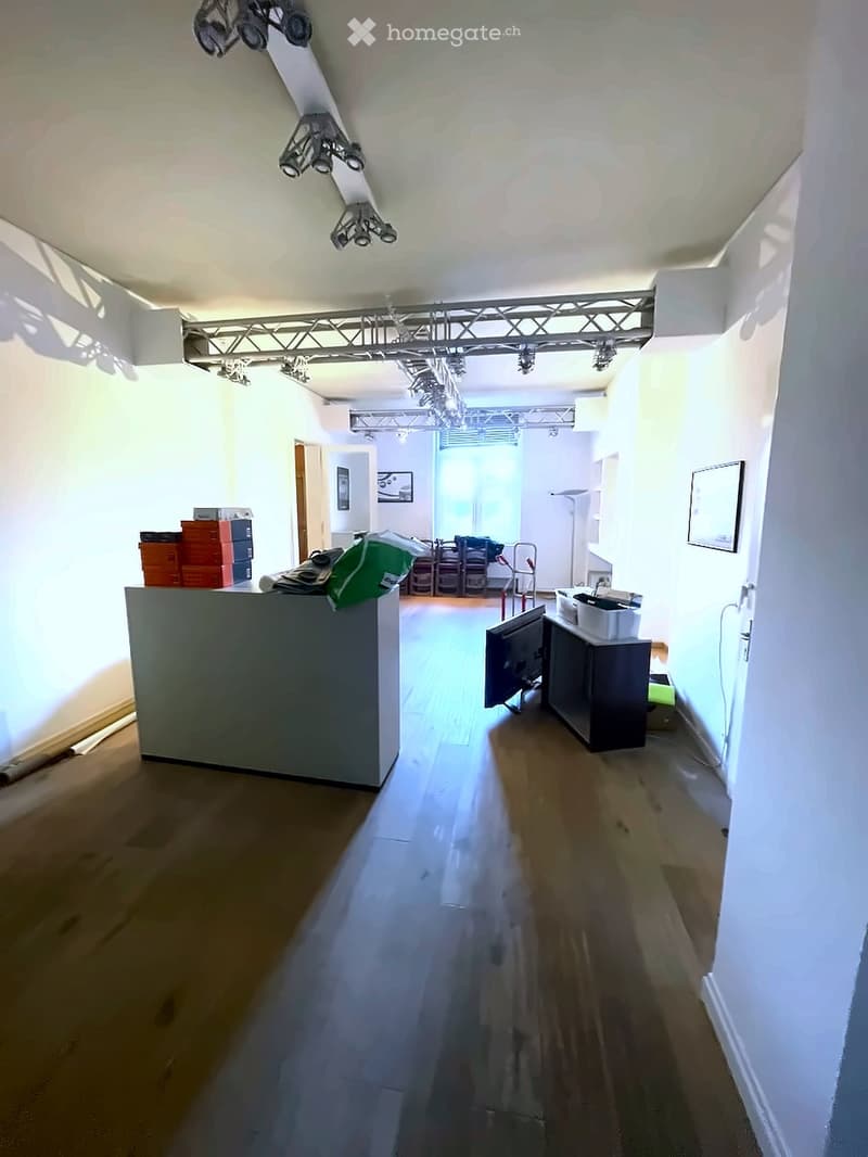 A modern, well-lit corridor with a reception area, a screen, and a cabinet. The floor is wooden, and the walls are white with a decorative ceiling featuring spotlights.