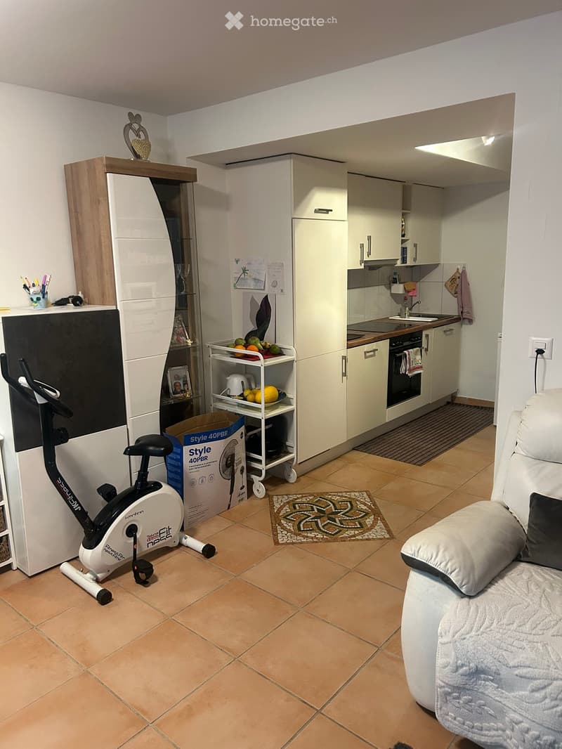 A modern, open-plan living and kitchen area with a sofa, exercise bike, and kitchen appliances.