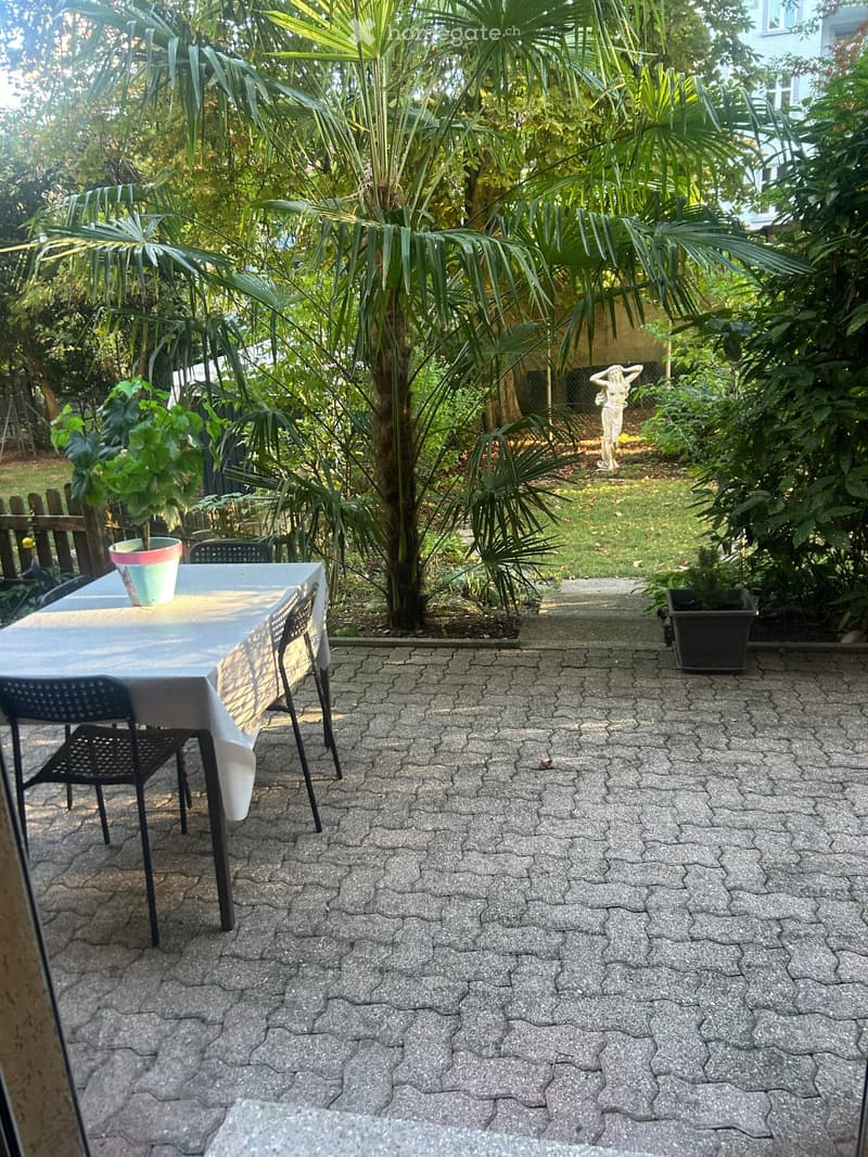 Garden area with a stone-paved patio, a small table with chairs, potted plants, and lush greenery including palm trees.