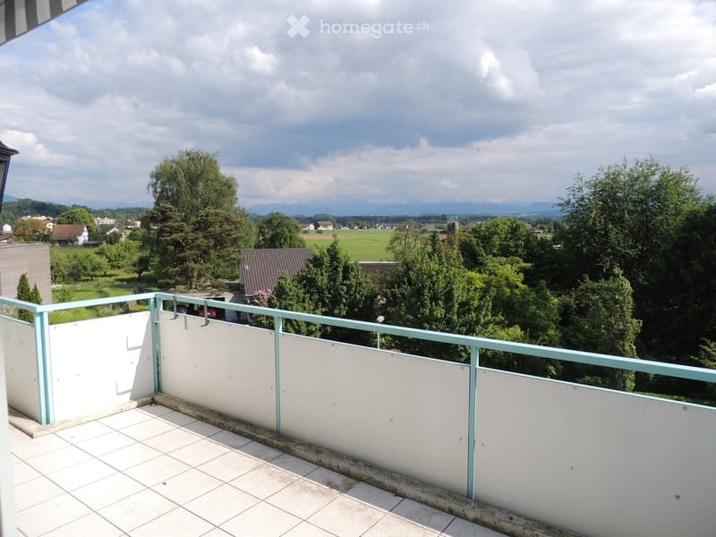 Balcony with white tiled floor, light blue railing, and scenic view of countryside, trees, and distant mountains.