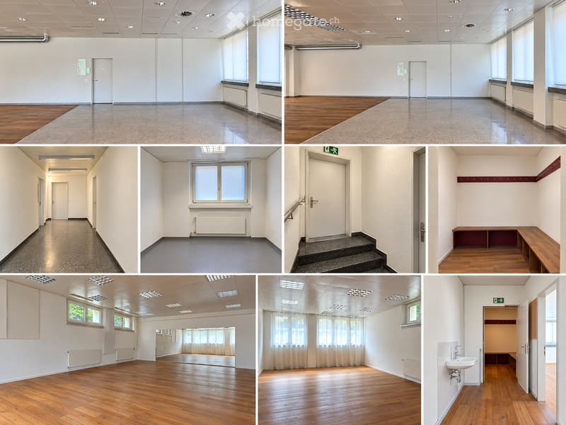 A collage of unfurnished rooms and corridors, featuring bare walls, wooden and tiled floors, large windows, doors, and a staircase. No furniture or personal items are present.