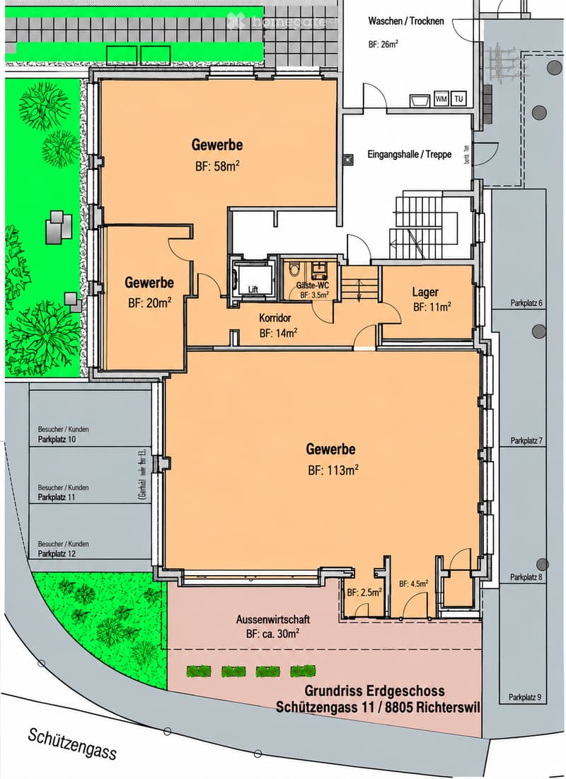 Ground floor plan of a commercial building with multiple rooms including 'Gewerbe' spaces, a corridor, a guest WC, a storage area, and an outdoor area. Includes parking spaces and a garden area.