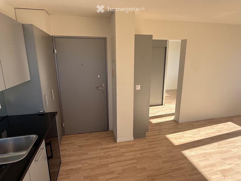 Empty hallway with wooden flooring, light-colored walls, and a door leading to another room. A small rug is placed near the doorway.
