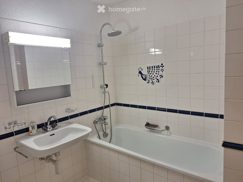 Bathroom with white tiled walls, a sink, bathtub, mirror, and showerhead.