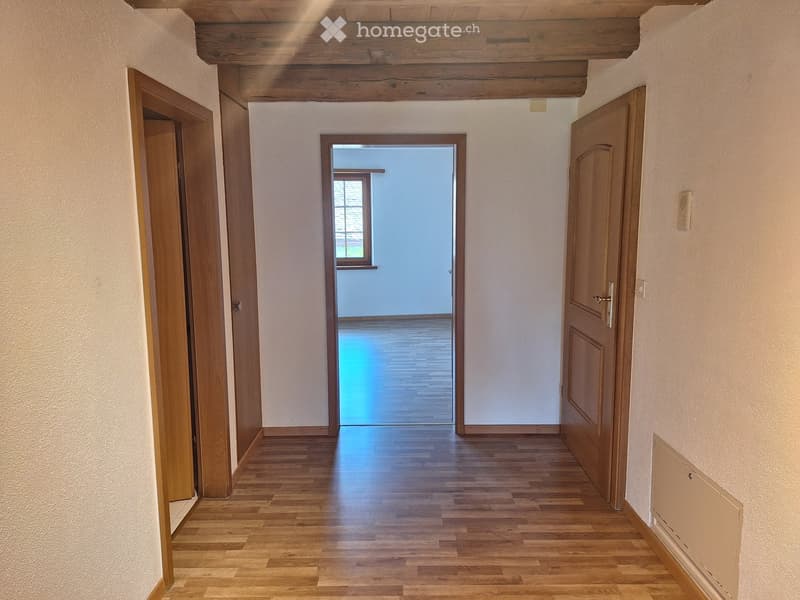 Empty hallway with wooden flooring, light-colored walls, and wooden doors on both sides. A small window at the end provides natural light.