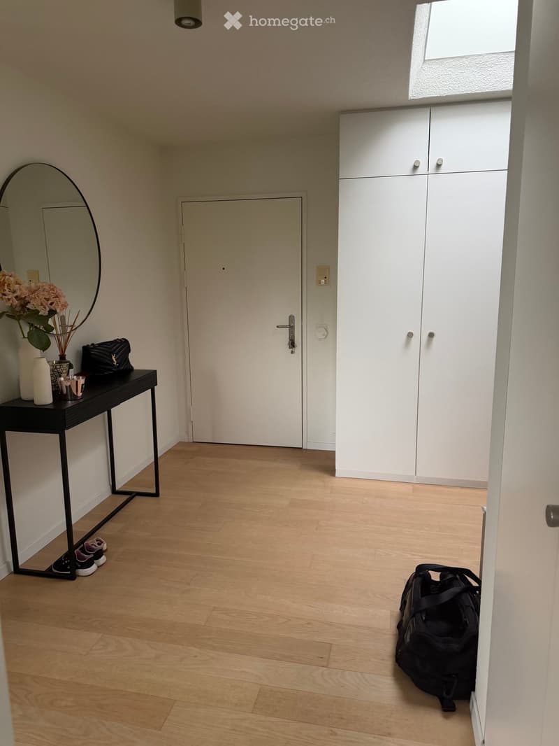 Modern hallway with light wooden flooring, white walls, built-in white storage units, a black console table with a mirror, decorative items, and a door leading to another room.