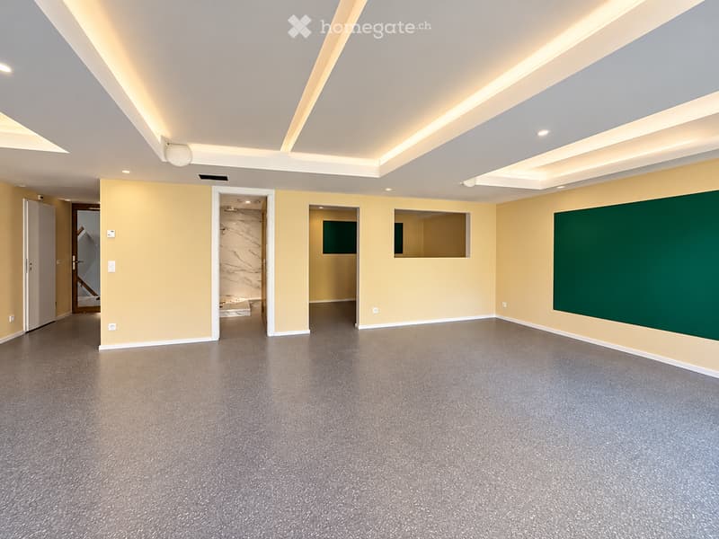 Empty room with light yellow walls, grey carpeted floor, and white ceiling with recessed lighting. Features several doors and windows leading to other spaces.