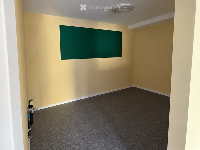Empty room with light yellow walls, dark grey carpeted floor, and a green square on one wall. A water fixture is visible on the left side.