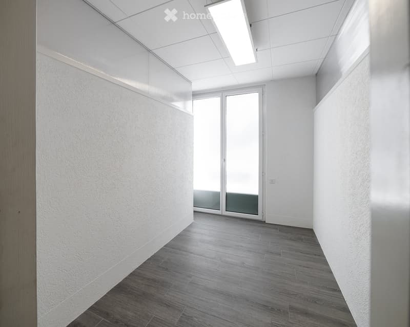 Modern hallway with white walls, grey wooden flooring, and a large glass door leading to another space.