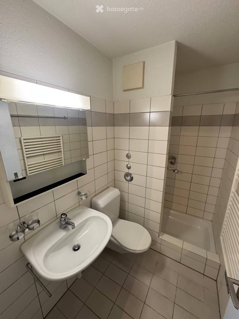 Modern bathroom with a sink, toilet, mirror, and radiator. The walls are tiled in beige and grey, and the floor is tiled in grey.