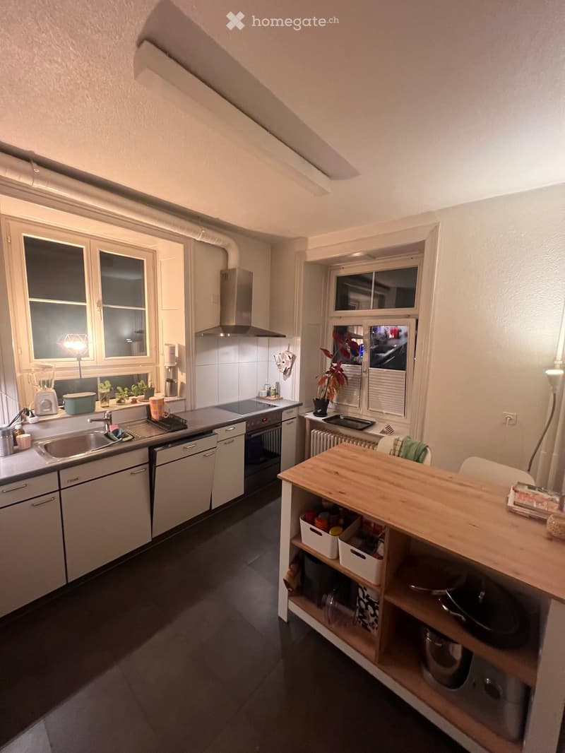 Modern kitchen with white cabinets, stainless steel appliances, and a wooden island table. Features include a sink, oven, dishwasher, and a potted plant on the windowsill.