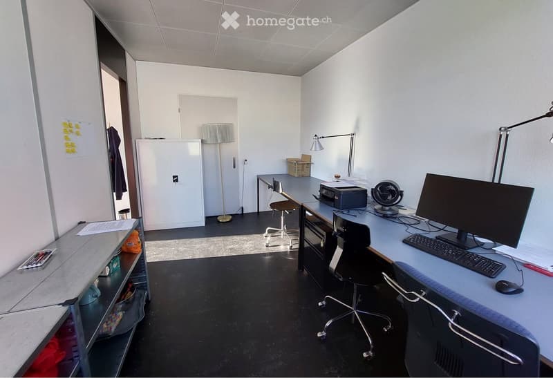 Office space with desks, chairs, computer monitors, keyboards, mice, printers, fans, cabinets, shelves, and lamps.