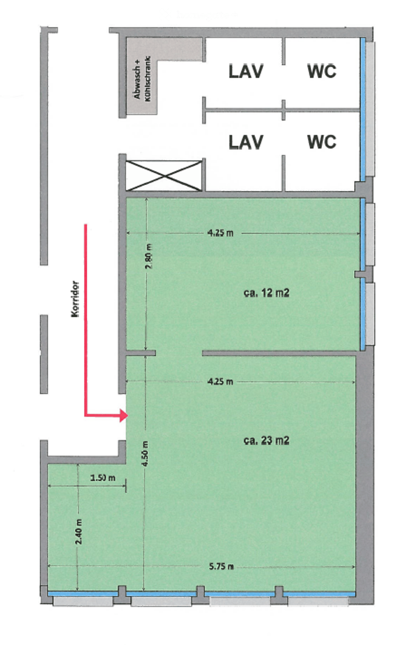 Floor plan showing a layout with two LAV (lavatory) rooms, two WC (water closet) rooms, and two main rooms with approximate dimensions of 12 m² and 23 m².