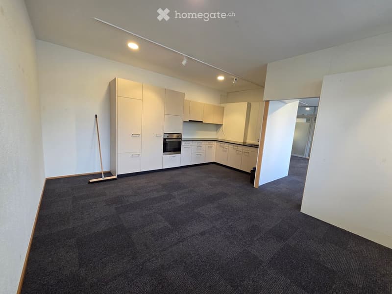 Empty room with light-colored cabinets, a dark carpet, and a broom leaning against the wall. The space is clean and unfurnished.