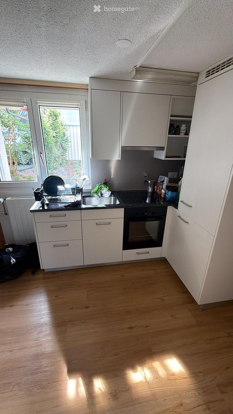 Modern kitchen with white cabinets, black countertop, and wooden flooring. Features a sink, oven, and various kitchen items on the counter.