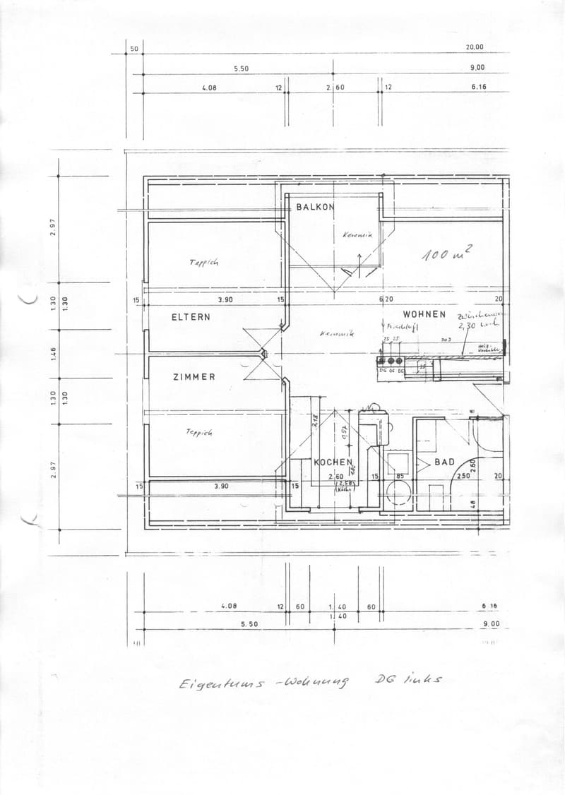 Floor plan of a 100 m² apartment with labeled rooms: Eltern (parents), Zimmer (bedroom), Wohnen (living area), Balkon (balcony), Küche (kitchen), and Bad (bathroom).