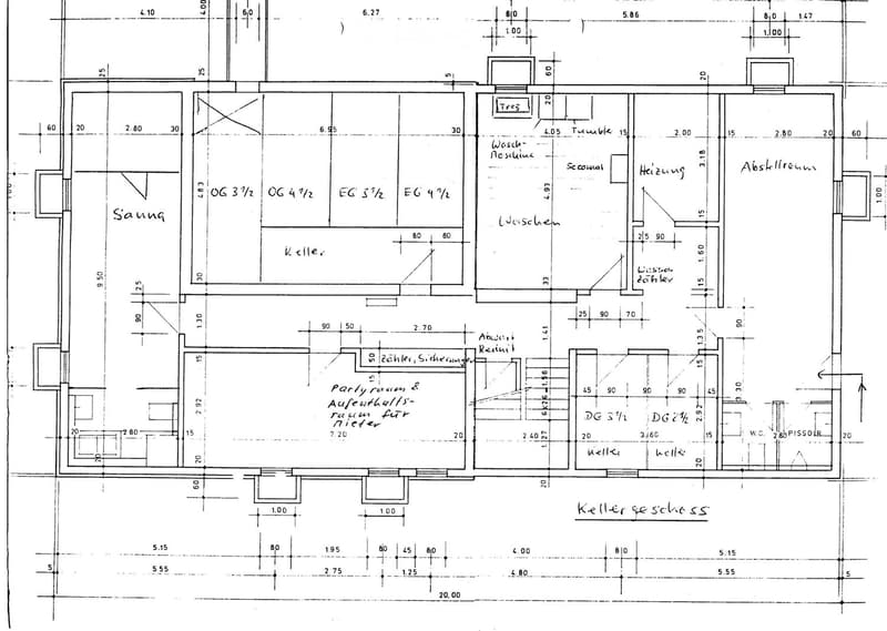 Floor plan of a multi-level building with labeled rooms including sauna, cellar, party room, and various utility spaces.