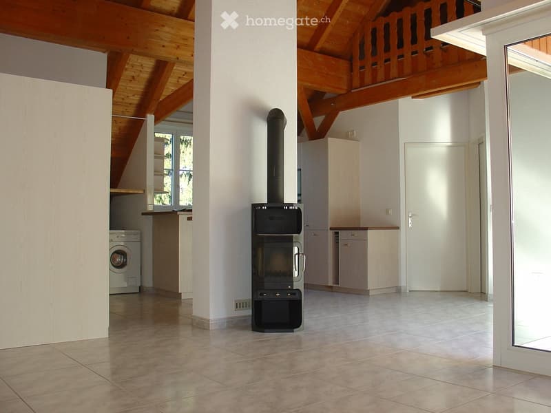 Open-plan room with exposed wooden beams, tiled floor, and a modern wood-burning stove. Includes a washing machine and built-in cabinets.