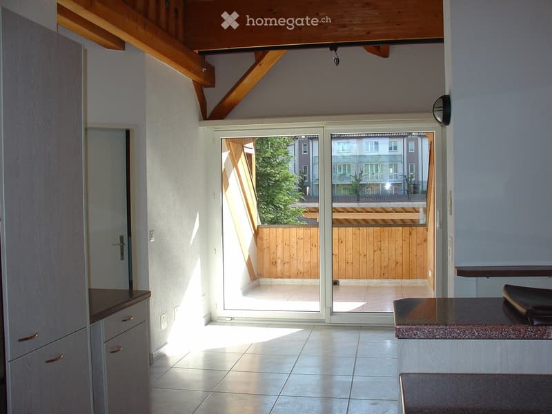 Bright, modern room with large sliding glass doors leading to a wooden deck, tiled floor, and built-in cabinetry.