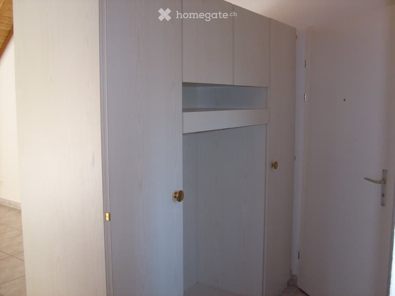 Empty closet with light grey wooden doors and shelves, no visible furniture or items.