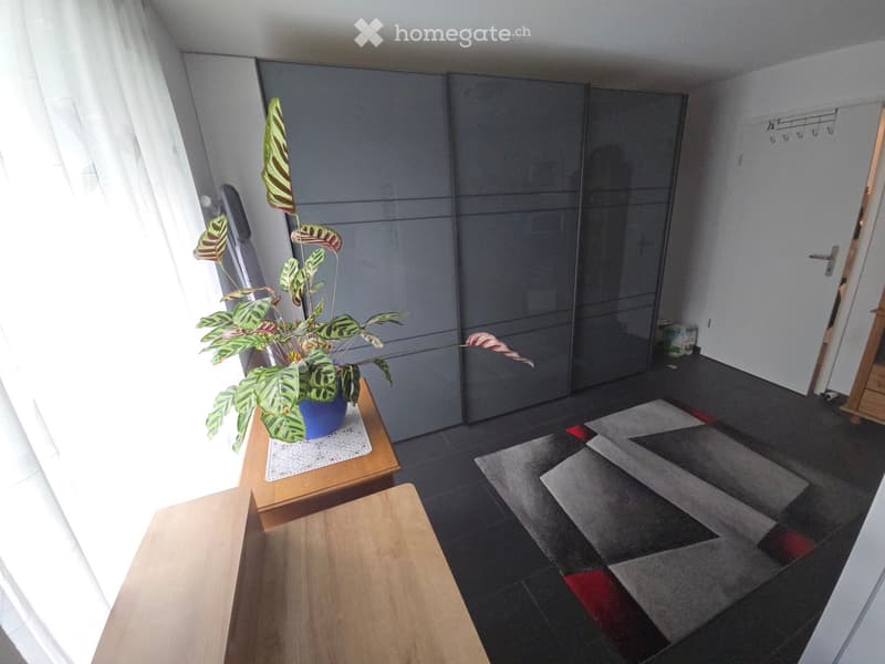 A small, well-lit room with a wooden table, a potted plant, and a chair. The room features dark tiled flooring and a large wardrobe with mirrored doors.