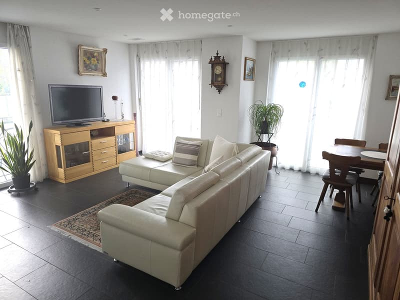 Modern living room with a white leather sofa, coffee table, TV, dining area with chairs and table, potted plants, and decorative items.