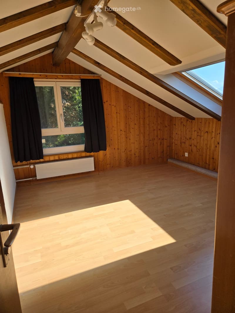 Empty attic room with wooden walls, wooden floor, skylight windows, and a large window with curtains.