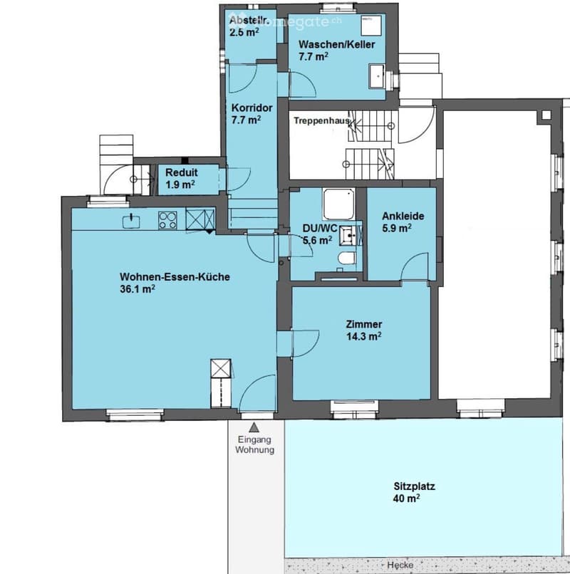 Floor plan of a 2-room apartment with a combined living-dining-kitchen area, bedroom, bathroom, hallway, storage, and outdoor seating area.