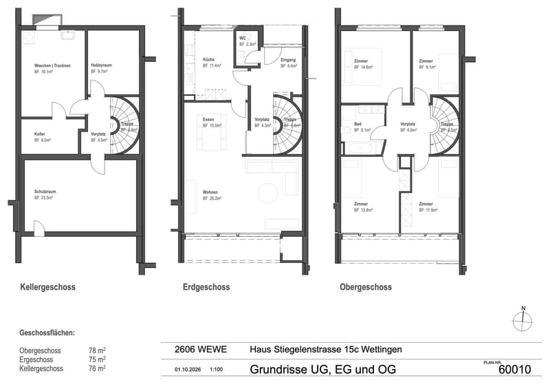 Floor plan of a three-story house showing the basement, ground floor, and upper floor. The basement includes a laundry room, hobby room, and storage space. The ground floor features a kitchen, dining area, living room, entrance, and hallway. The upper flo