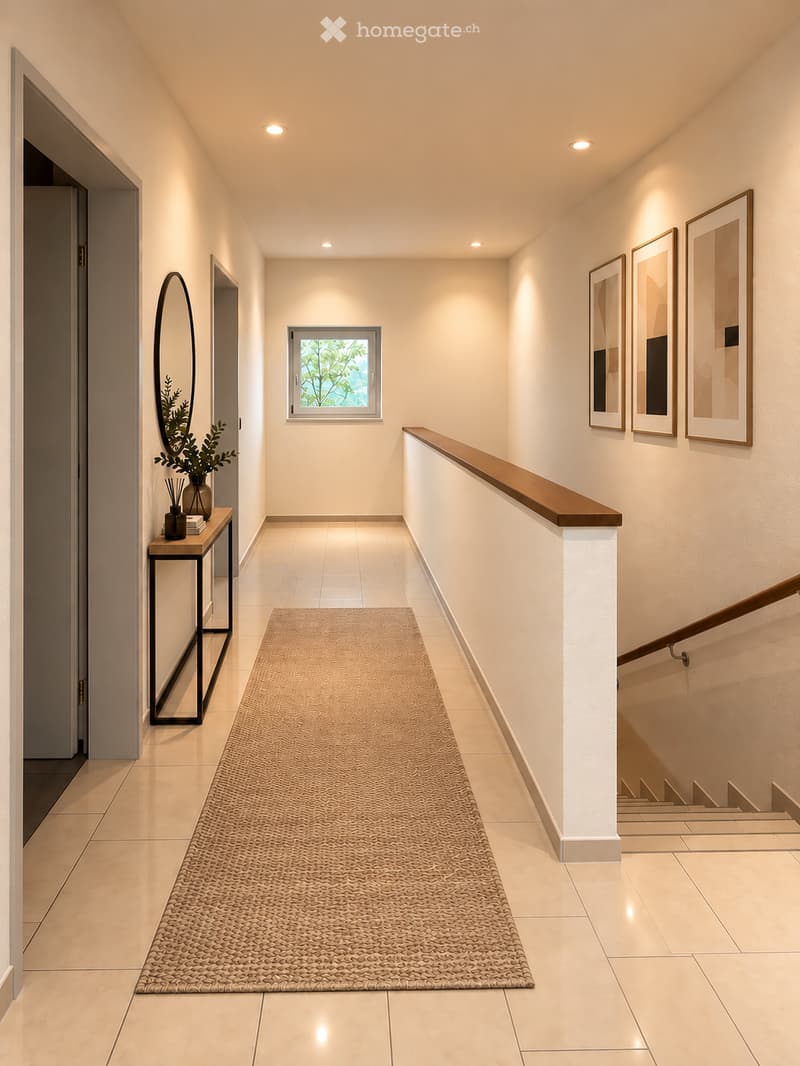 Modern hallway with tiled flooring, a long runner rug, recessed lighting, a small table with a vase and books, and framed artwork on the walls. A staircase with wooden railings is visible on the right side.