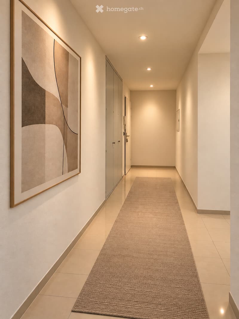 Modern hallway with beige tiled flooring, a long runner rug, recessed ceiling lights, and a large framed artwork on the left wall. The hallway features several closed doors along the right side.