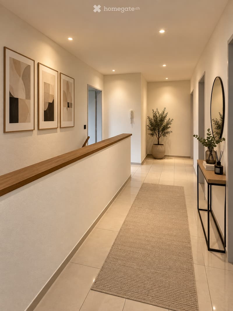 Modern hallway with beige tiled flooring, white walls, recessed lighting, and a wooden railing. Features include a small table with a plant, a mirror, and framed artwork on the walls.