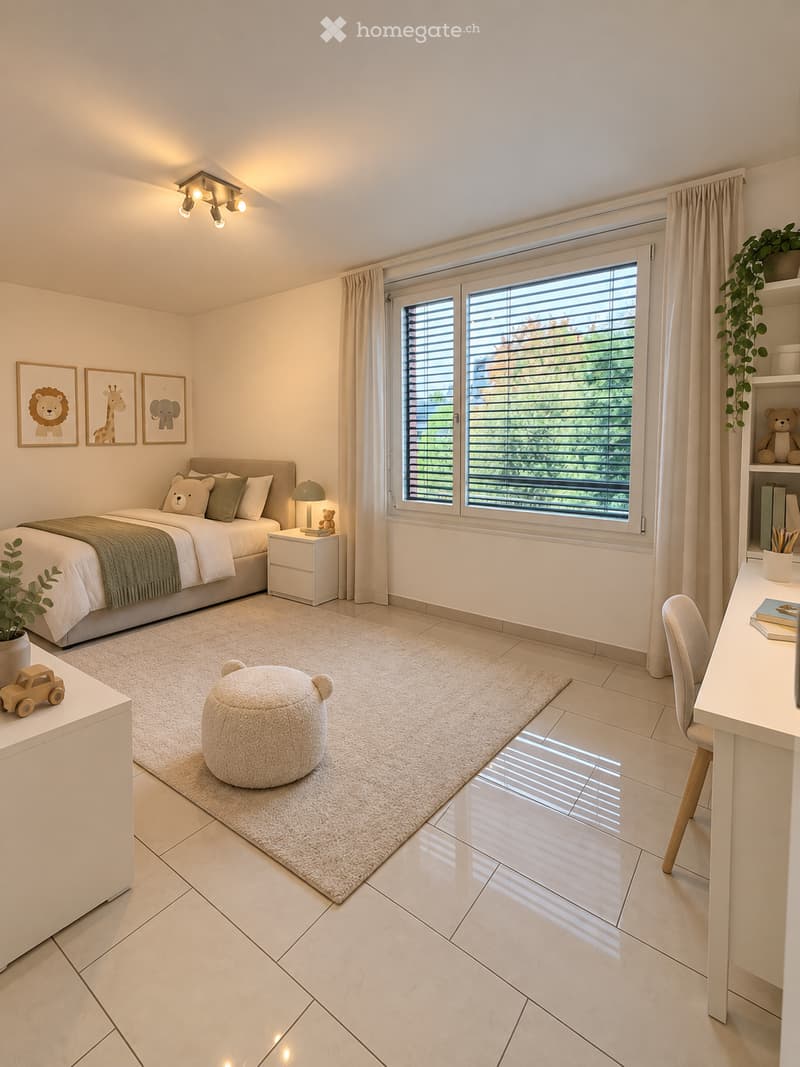 Bright, modern bedroom with a large window, bed with pillows and blanket, nightstand with lamp, small round stool, desk with chair, and decorative items including framed pictures and a plant.