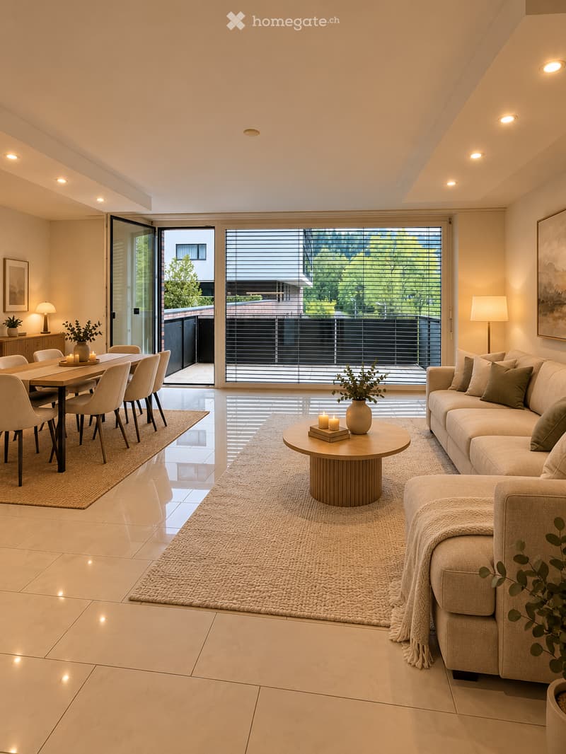 Modern living and dining area with a large window, sofa, coffee table, dining table, chairs, and decorative items.