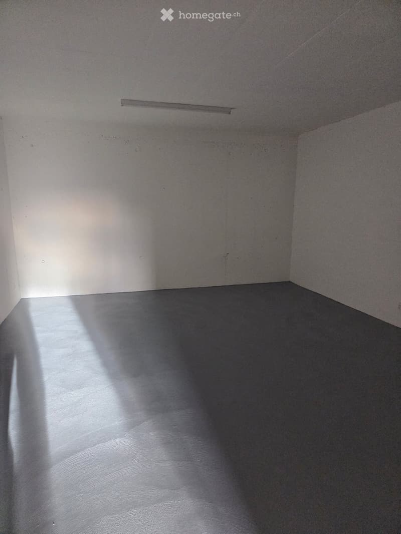 Empty room with bare walls and a grey concrete floor, illuminated by natural light from a window on the left side.